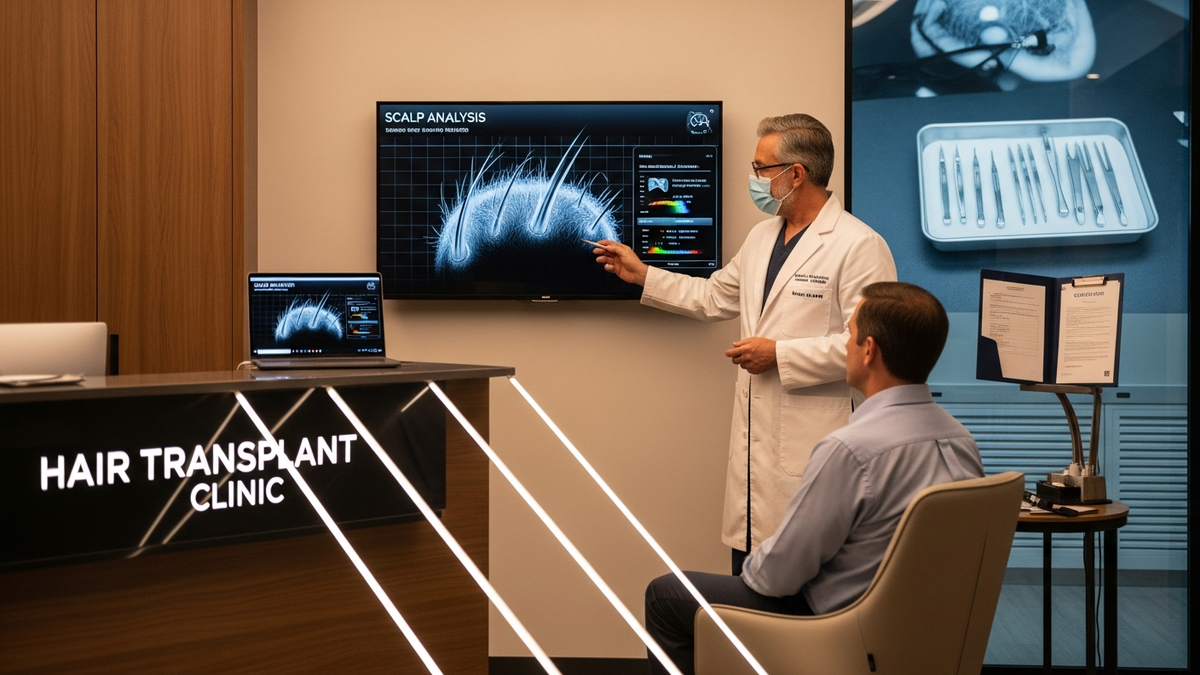 Hair transplant clinic consultation with a surgeon reviewing donor hair and planning natural hairline design