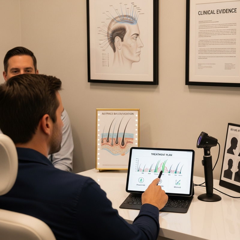 Men’s hair loss treatment plan comparing medications, PRP, microneedling, and hair transplant