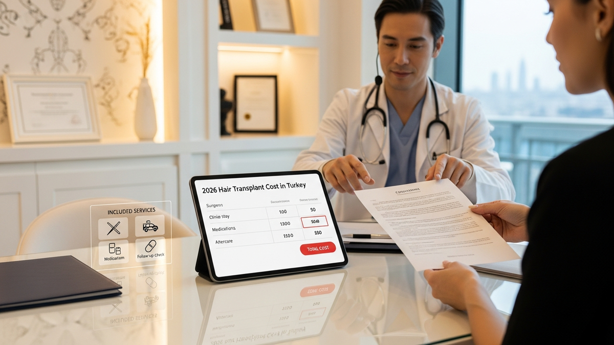 Landscape image illustrating the cost of hair transplant surgery in Turkey—modern clinic setting with medical staff and a patient consultation scene