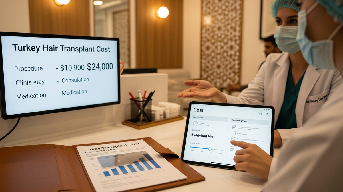 Turkey hair transplant cost guide showing modern clinic consultation and hair restoration planning