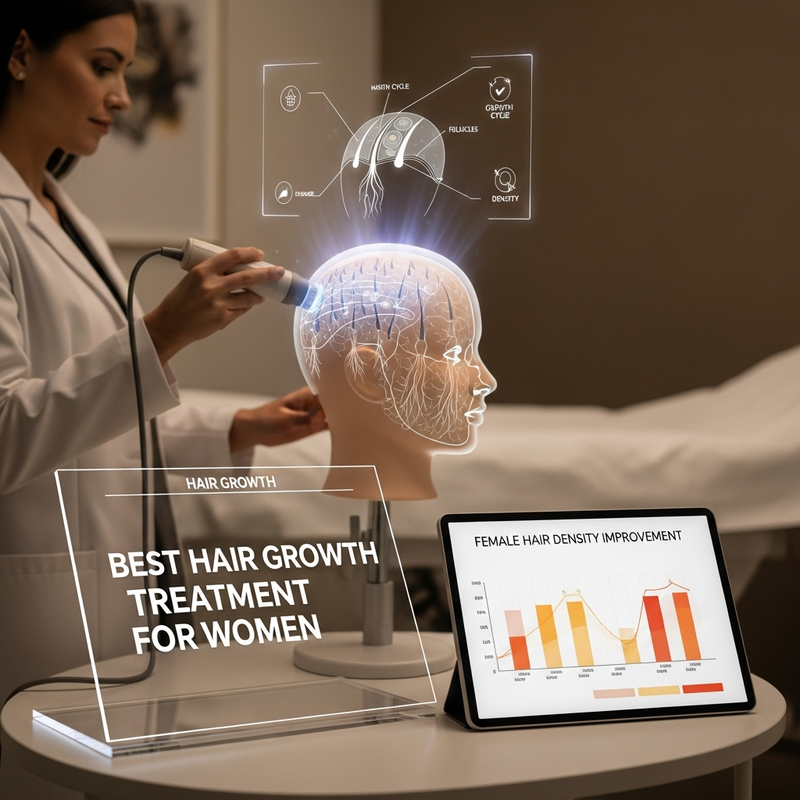 Woman discussing best hair growth treatment for women options with dermatologist