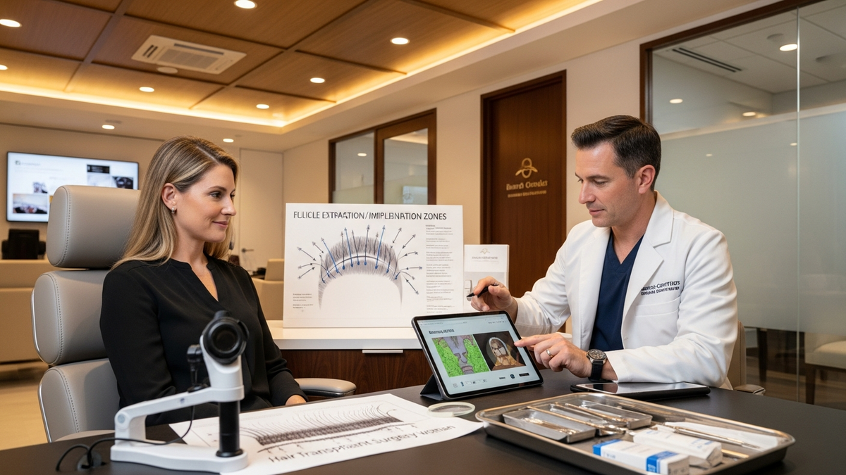 Woman considering hair transplant surgery in a modern clinic consultation