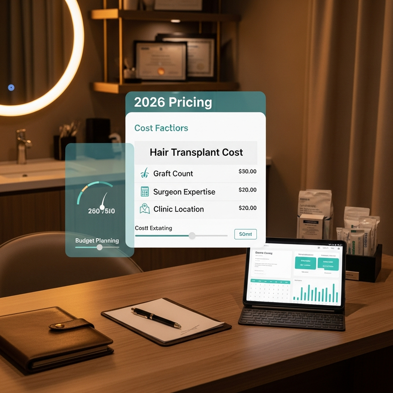 Hair transplant cost overview card showing FUE and FUT techniques and graft planning for natural hair restoration results