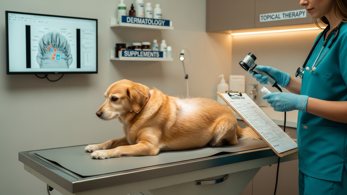 Veterinarian evaluating dog hair loss for accurate treatment plan