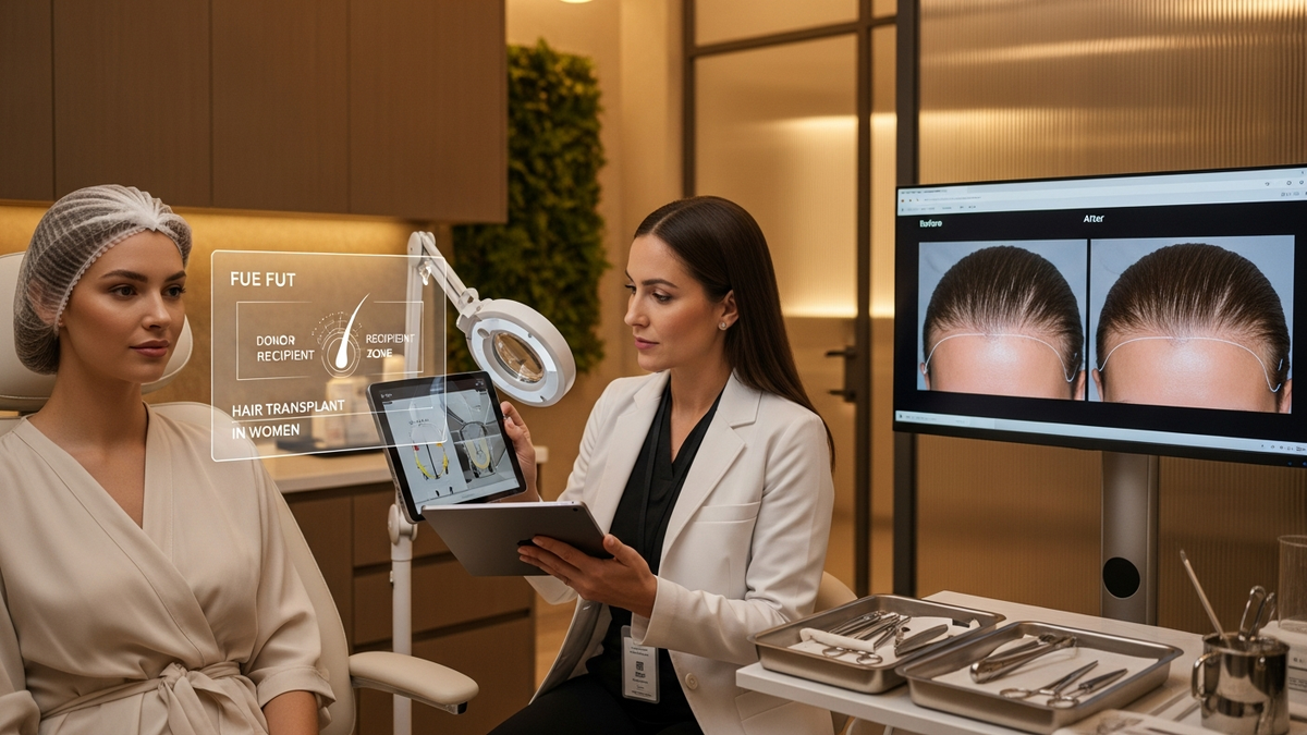 Woman considering hair transplant in women options during a consultation