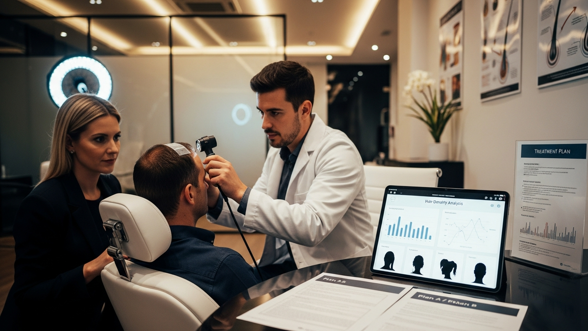 Men exploring hair loss treatment options with a clinician during a consultation