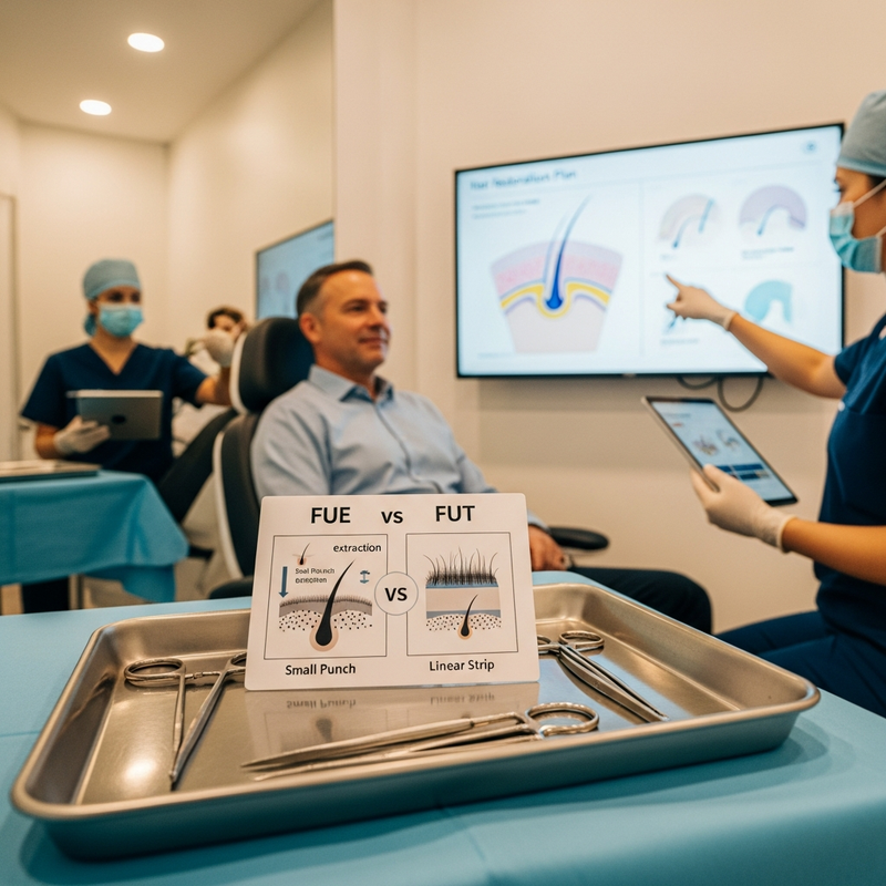 Male hair transplant procedure overview with FUE graft placement