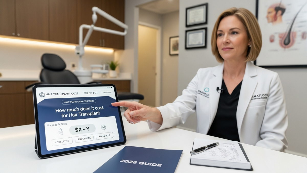 Patient reviewing hair transplant pricing factors with a surgeon in a modern clinic