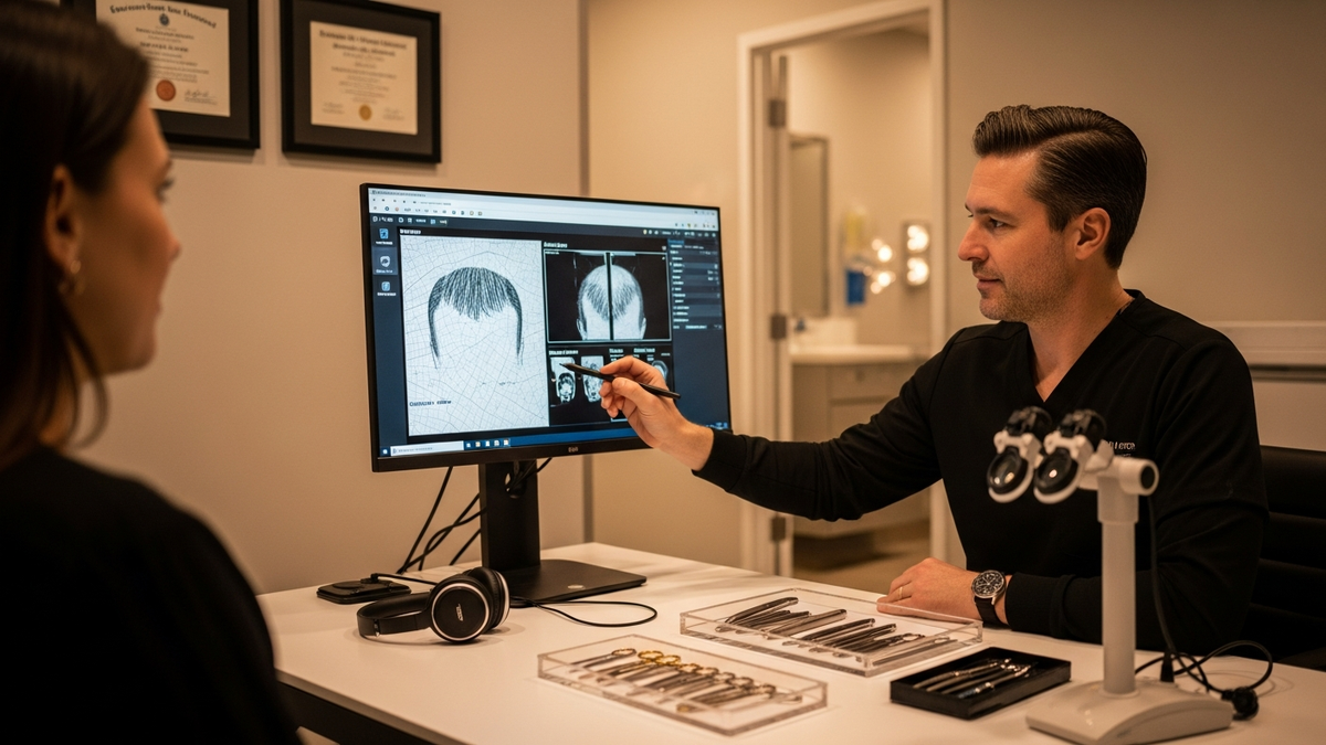 Hair transplant surgeon consultation at a premium clinic with advanced technology and a patient planning a natural hairline