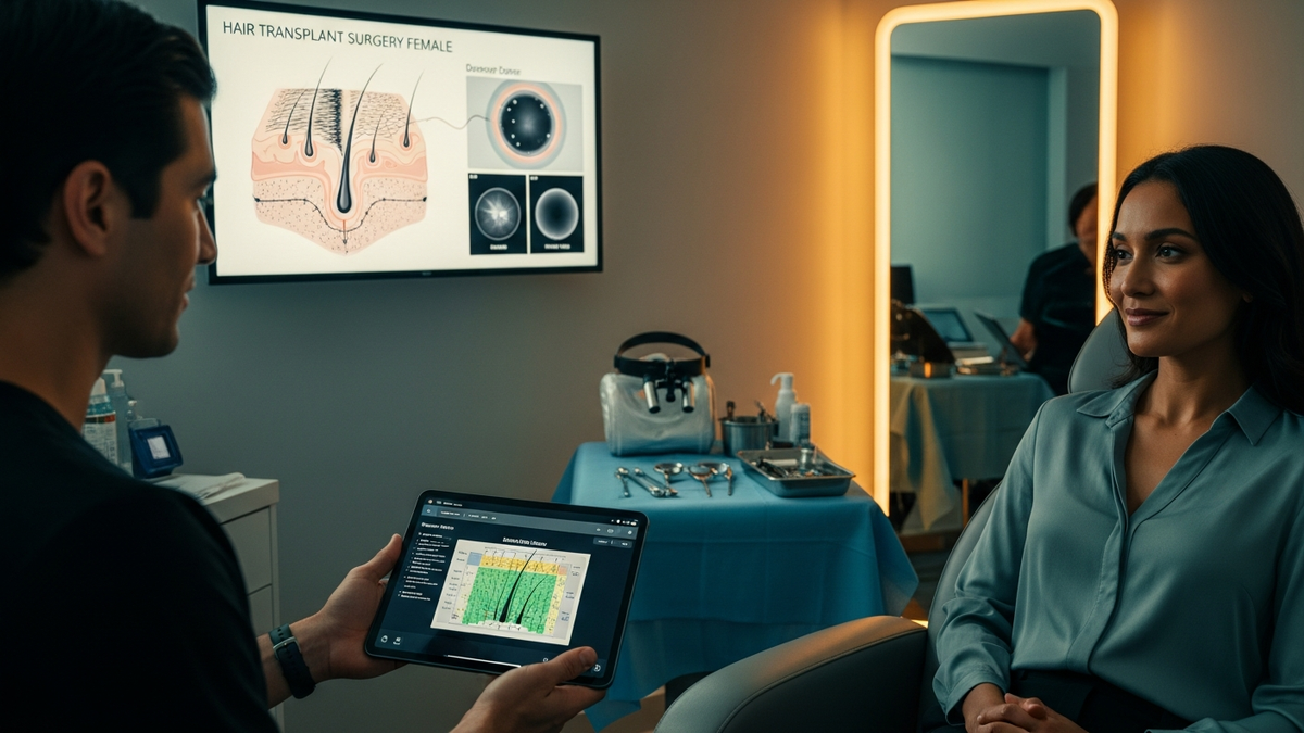 Hair transplant surgery female consultation discussing FUE and FUT options