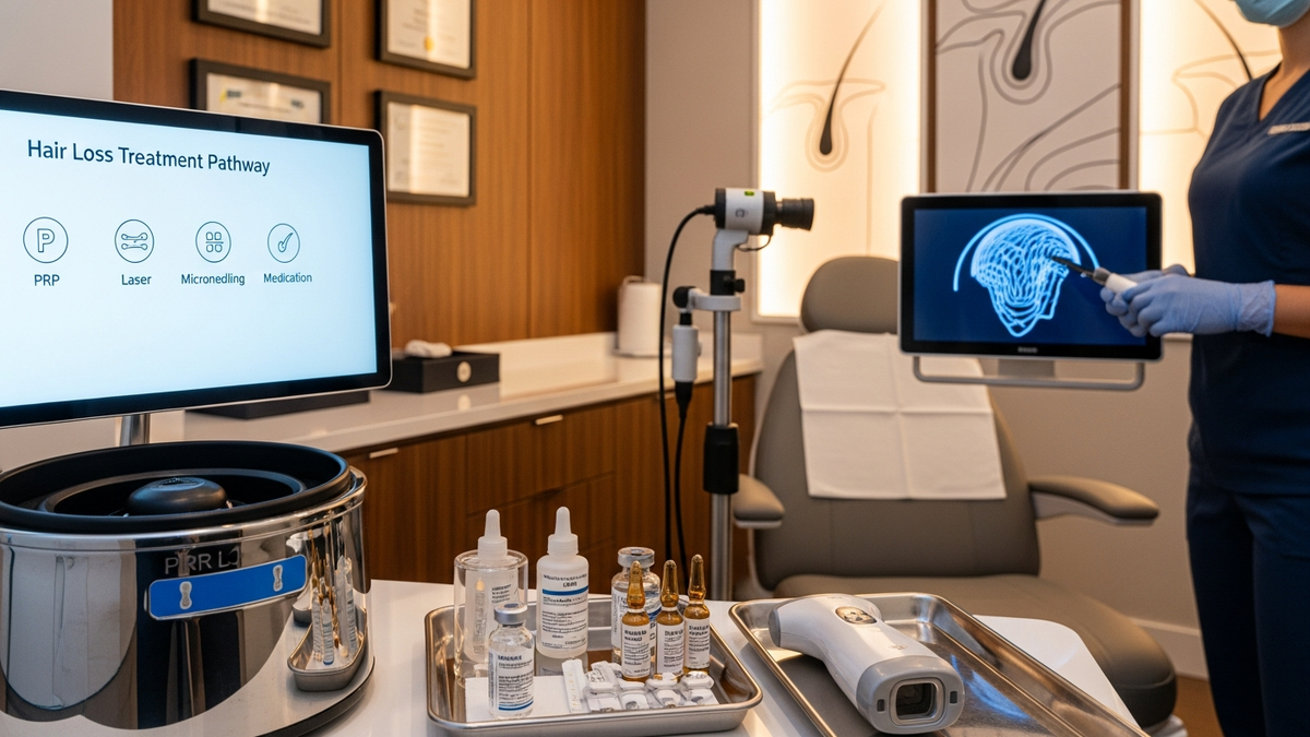 Person discussing treatment for hair loss options with a hair clinic specialist