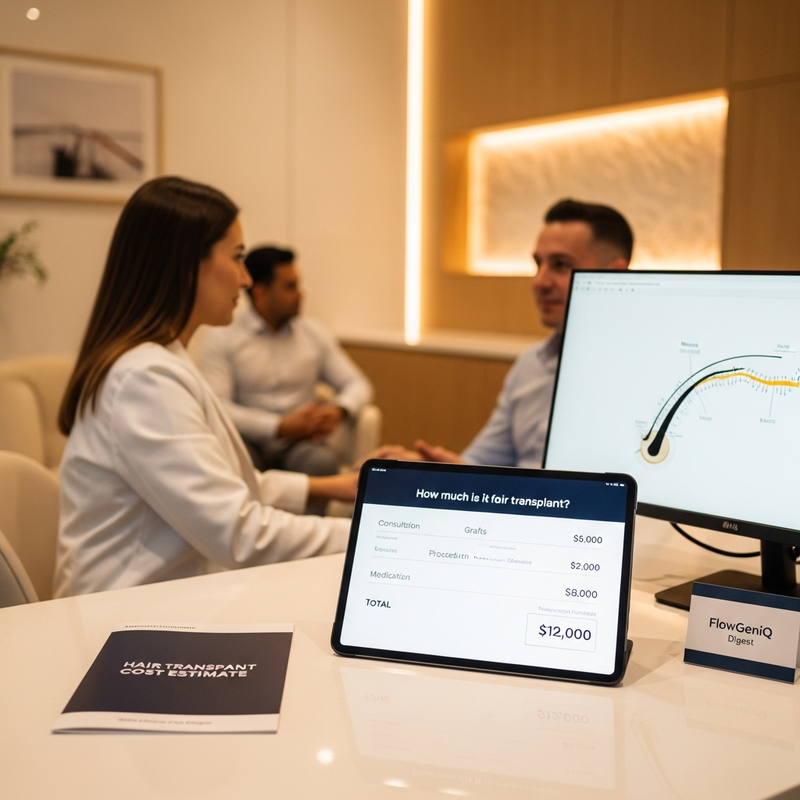 Surgeon reviewing hair transplant graft plan and cost estimate