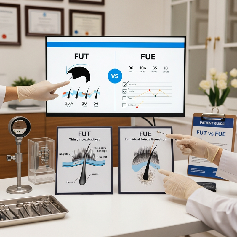 FUT vs FUE hair transplant methods comparison card showing scarring and recovery considerations