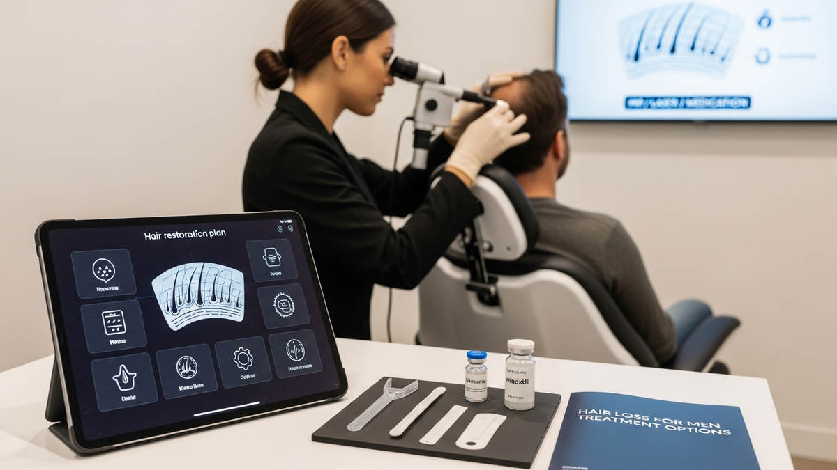Man reviewing hair loss for men treatment plan with clinician and baseline photos