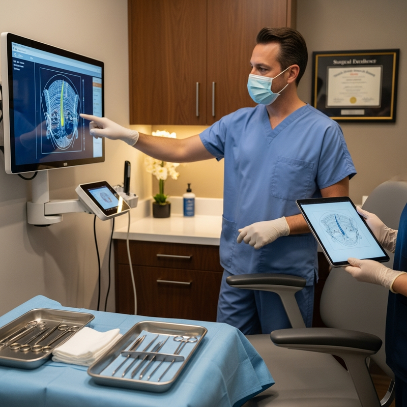 Hair transplant surgeon evaluating donor area for FUE graft planning