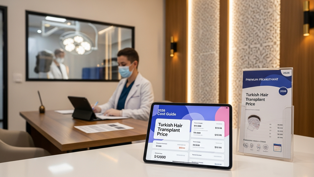 Turkish hair transplant price guide featuring a modern clinic consultation setting and natural hairline planning concept