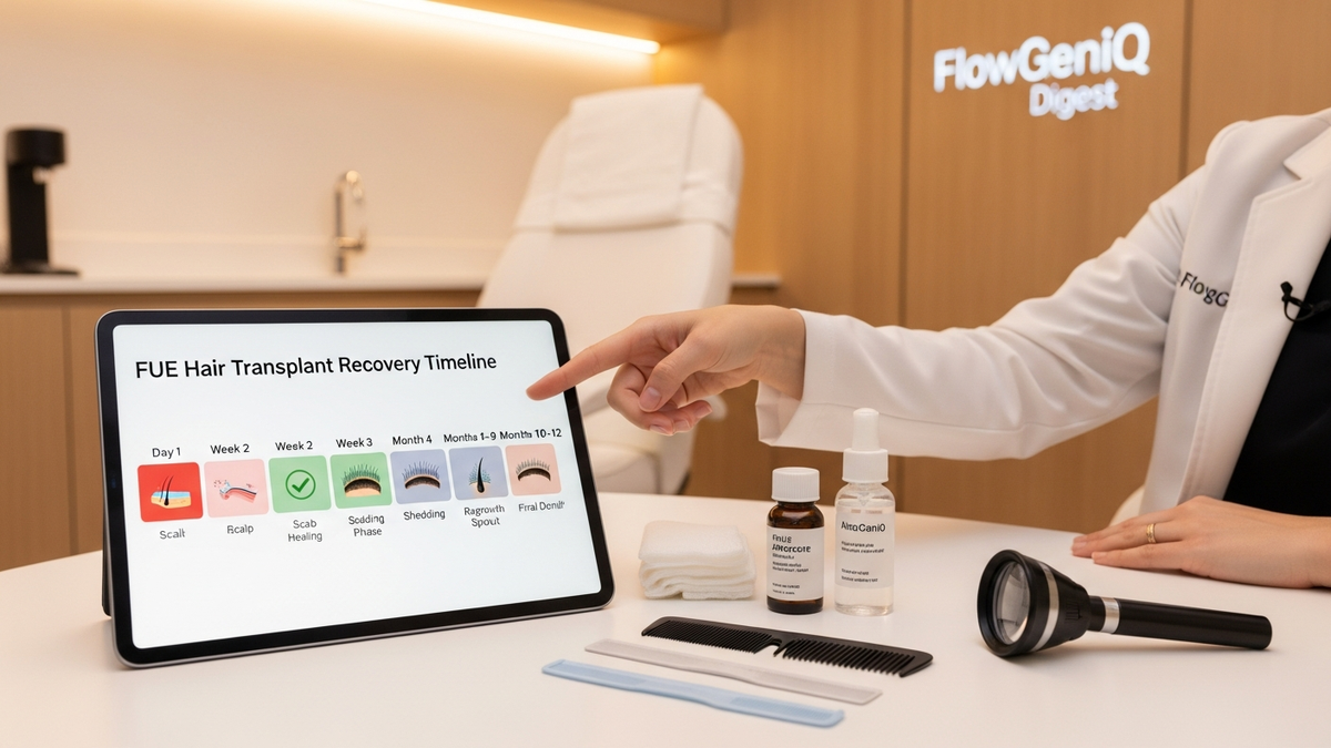 FUE hair transplant recovery timeline day 1 to month 12 infographic style landscape showing healing phases and regrowth milestones