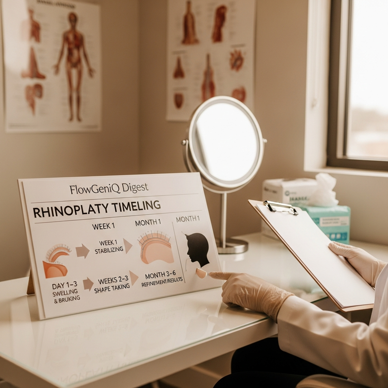 Rhinoplasty recovery timeline overview card showing week-by-week healing stages and swelling changes
