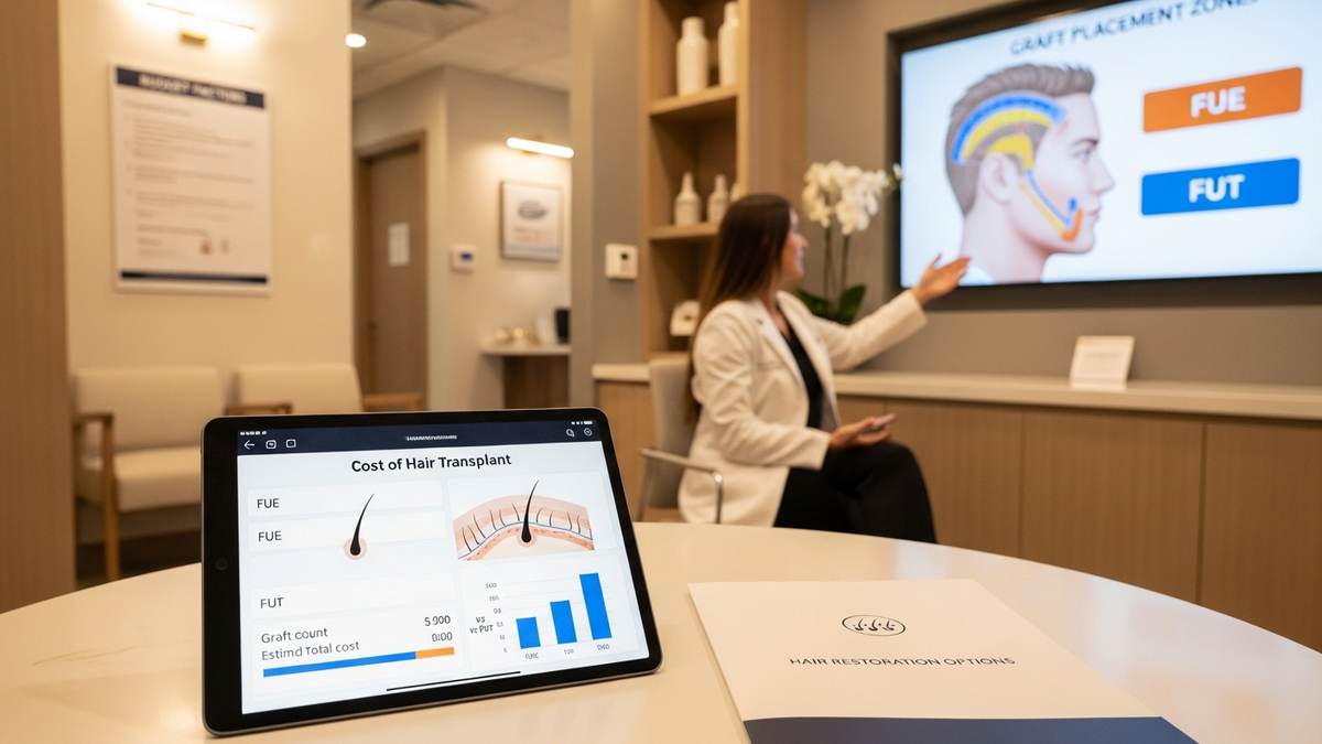 Cost of hair transplant guide with FUE and FUT pricing factors shown in an editorial clinic-style landscape image