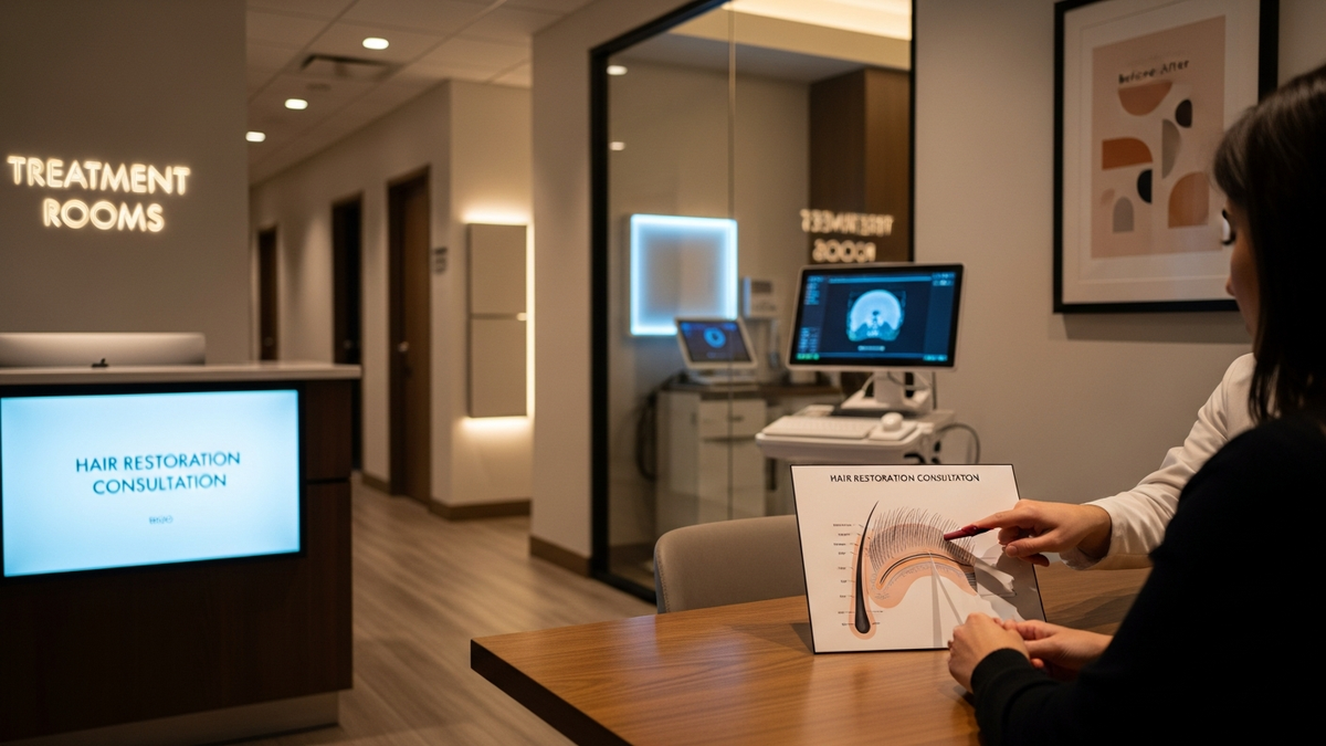 Patient meeting a hair transplant specialist for hair restoration surgery near me consultation