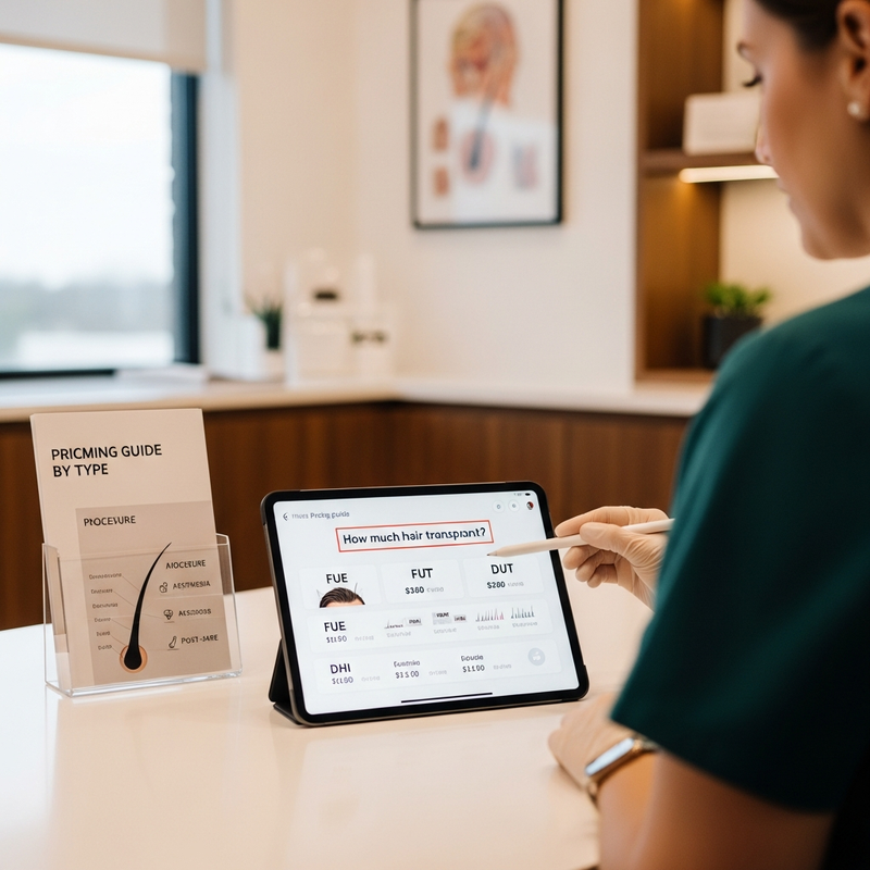 Hair transplant pricing guide showing FUE and FUT options