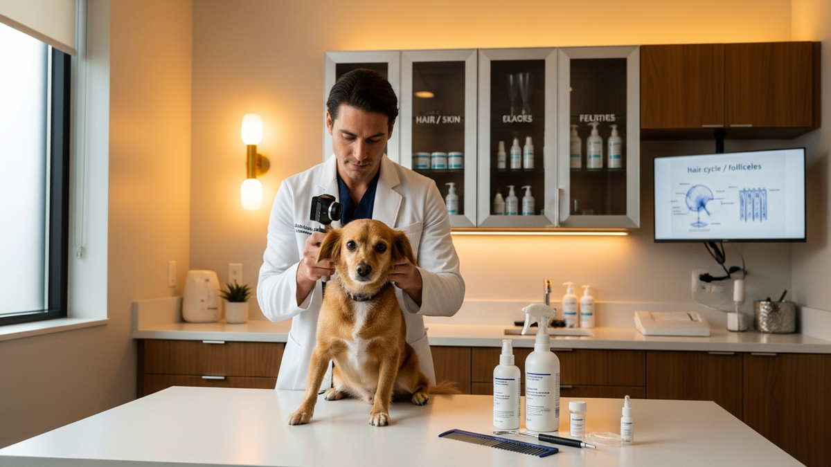 Dog with thinning coat and vet assessing skin for treatment for dogs hair loss