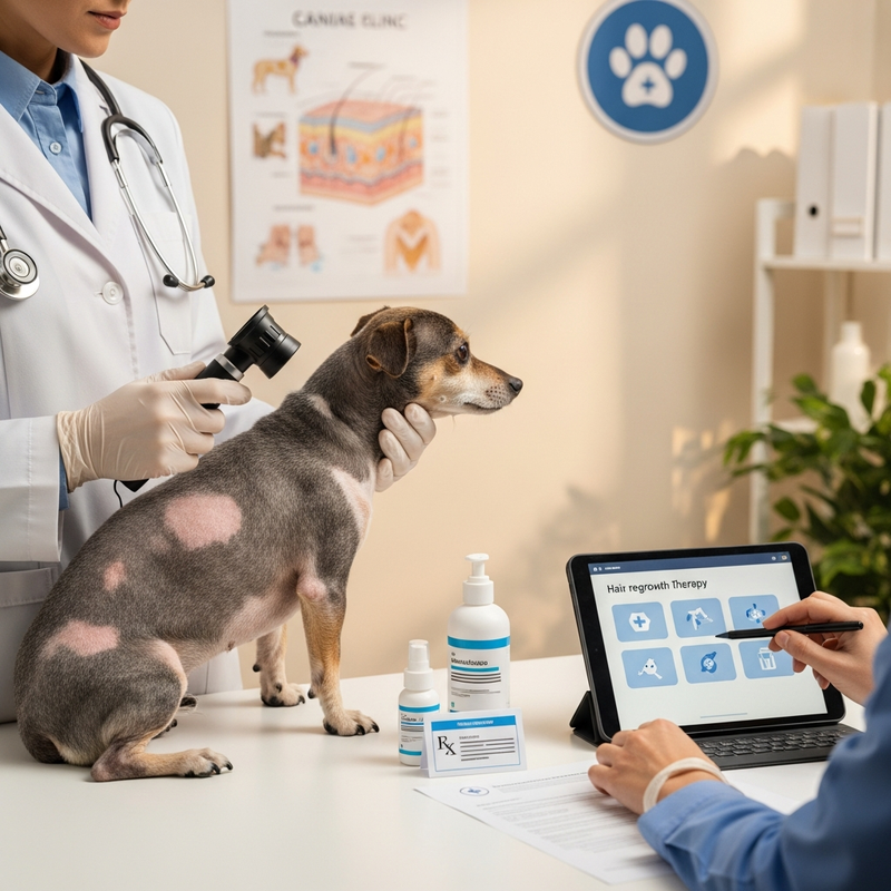 Veterinarian checking patchy coat for treatment for hair loss in dogs