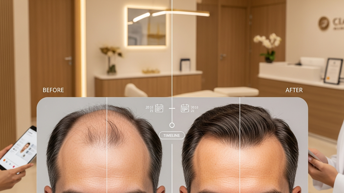 Before and after hair transplant timeline showing shedding and regrowth stages