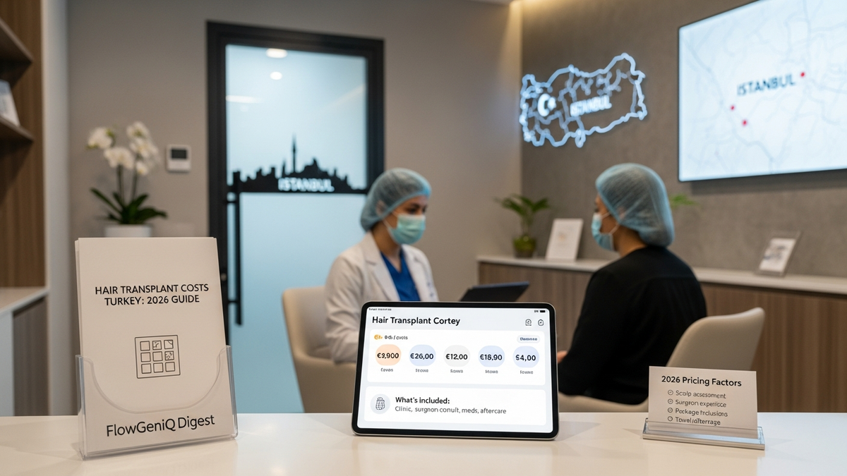 Hair transplant costs Turkey guide: modern clinic consultation setting with scalp hairline analysis