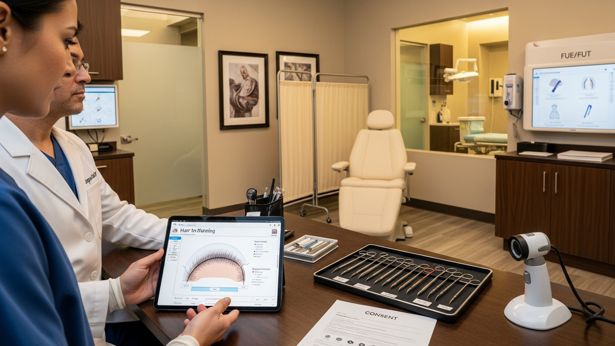 Hair transplant surgeons consult on FUE and FUT planning for natural results