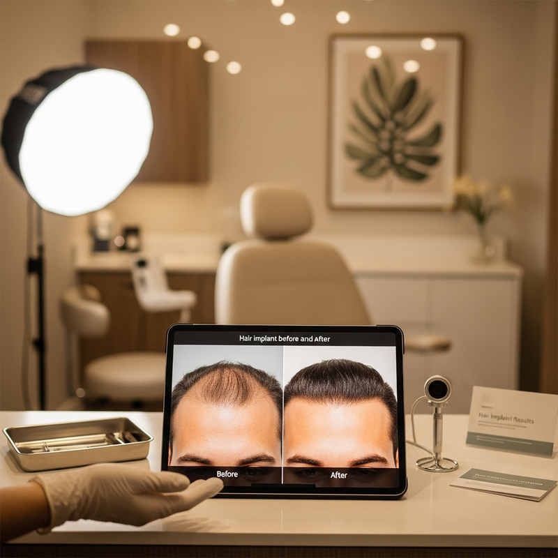 Hair implant before and after close-up of restored hair density