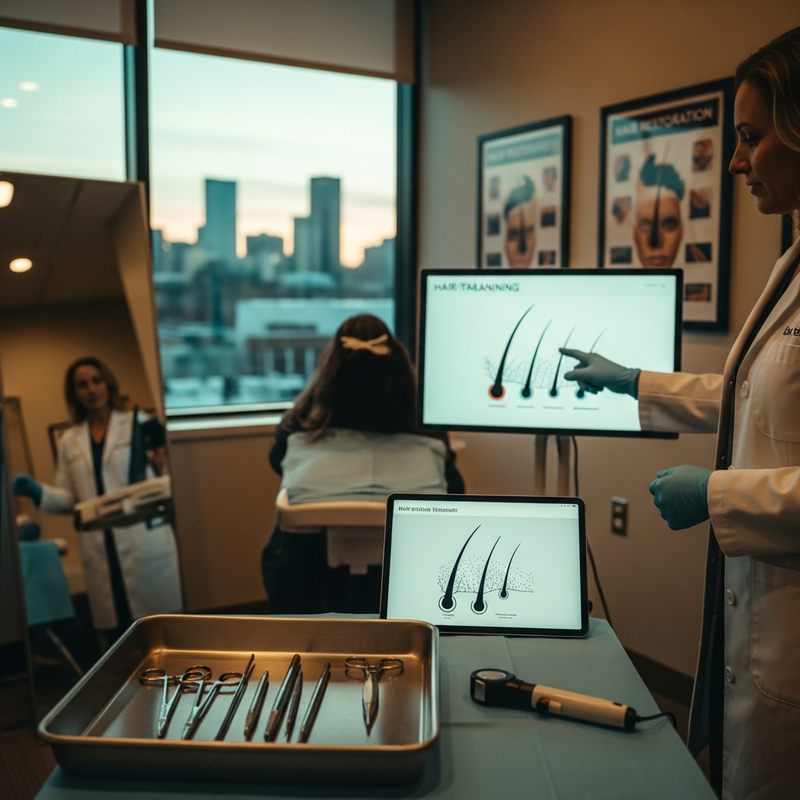 Surgeon planning graft placement for denver hair transplant surgery