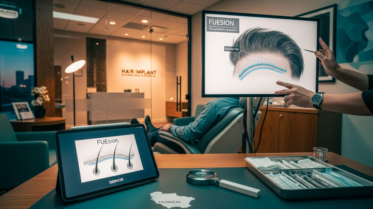 Hair implant Denver with natural-looking hairline restoration result