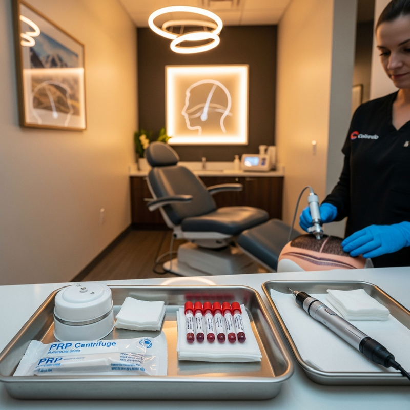 Denver PRP hair treatment session preparing patient blood for scalp therapy