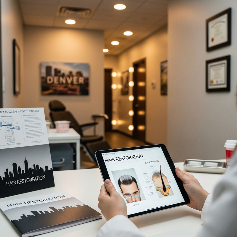 Close-up planning session for a Denver hair transplant with AI-assisted FUE technology