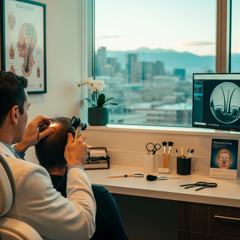 Hair loss dermatologist Denver exam for patterned thinning and scalp health