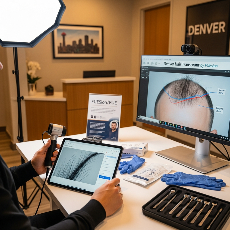 Denver hair transplant consultation for natural hairline design at FUEsion Hair Clinics