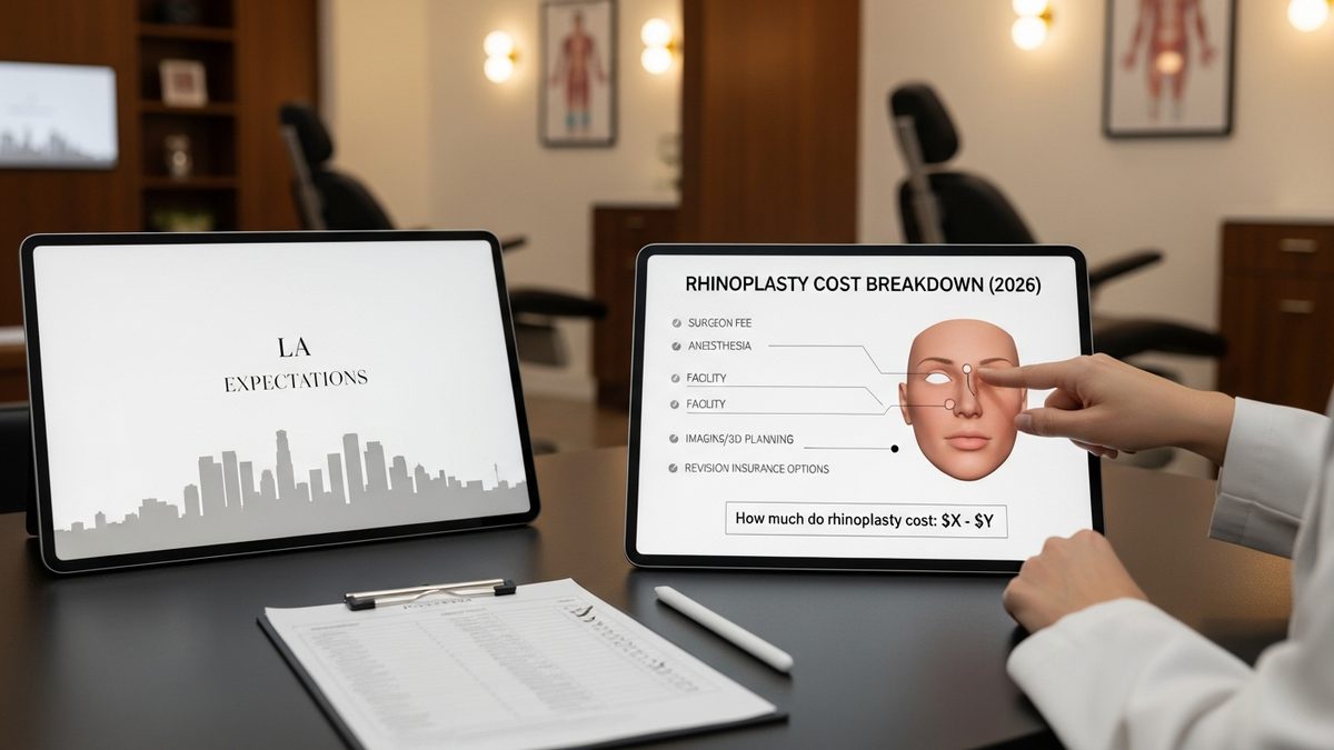 How much do rhinoplasty cost guide with a calm clinical setting and a smiling patient consultation in Beverly Hills