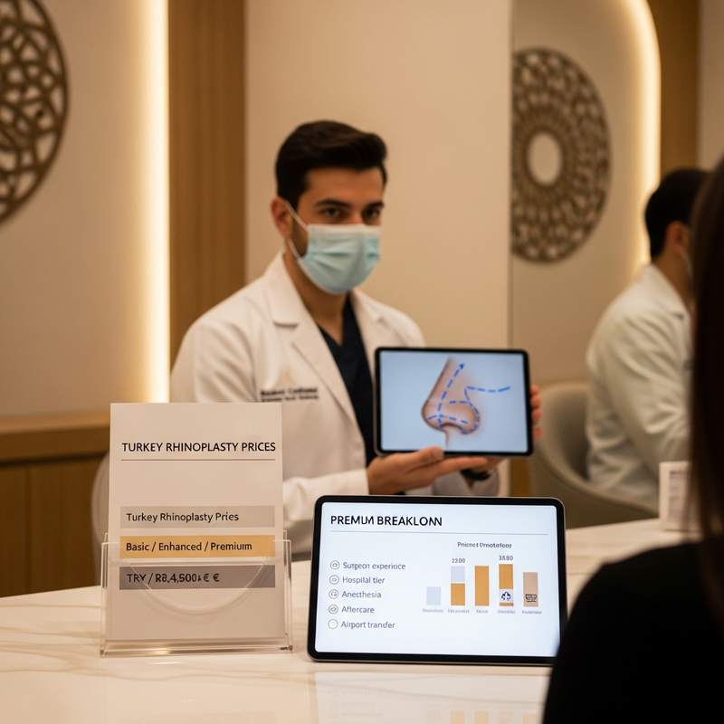 Turkey rhinoplasty prices informational card with nose anatomy diagram and budgeting checklist