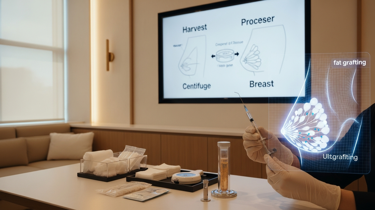 Fat grafting for breast augmentation procedure concept with natural breast contour and donor-site liposuction planning