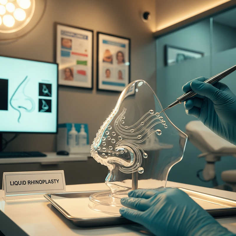 Close-up of nose contour refinement concept for liquid rhinoplasty with dermal filler planning