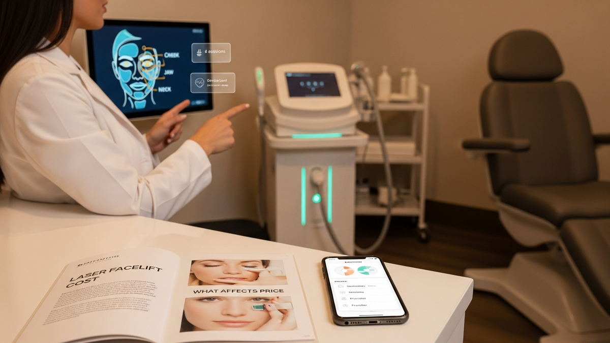 Landscape hero image showing a professional consultation setting for laser facelift planning, with natural facial rejuvenation lighting