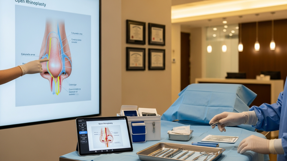 Open rhinoplasty consultation in Beverly Hills showing a surgeon reviewing nasal anatomy and surgical plan