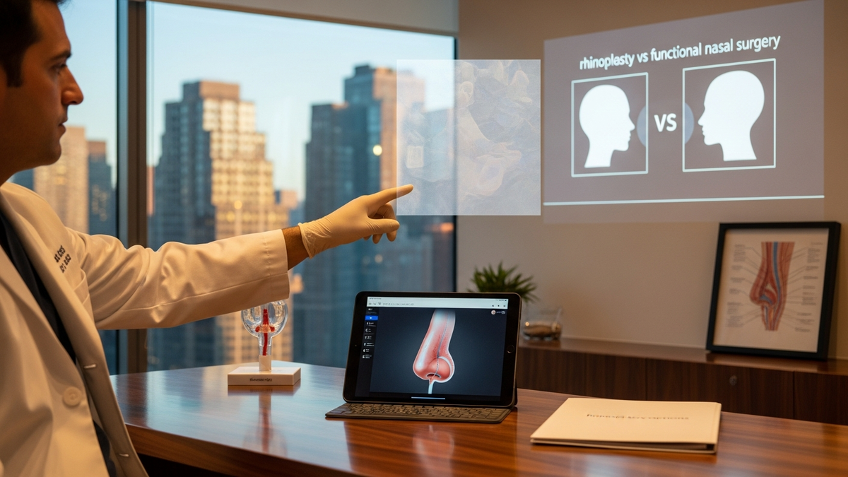 Nose job in New York informational guide showing a patient consultation setting focused on rhinoplasty and functional nasal breathing evaluation