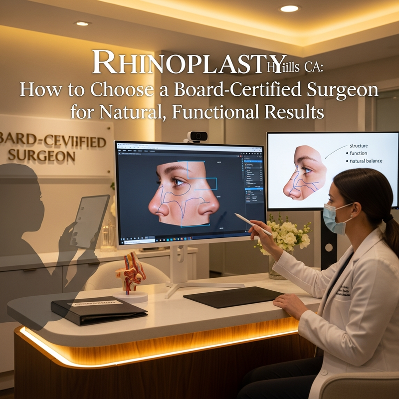 Rhinoplasty Beverly Hills CA—close-up of a patient during a facial analysis for natural-looking results and comfortable nasal function.