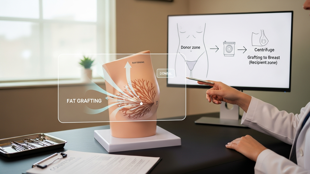 Fat grafting to breasts consultation concept: surgeon reviewing breast contour goals with patient in a modern clinic setting