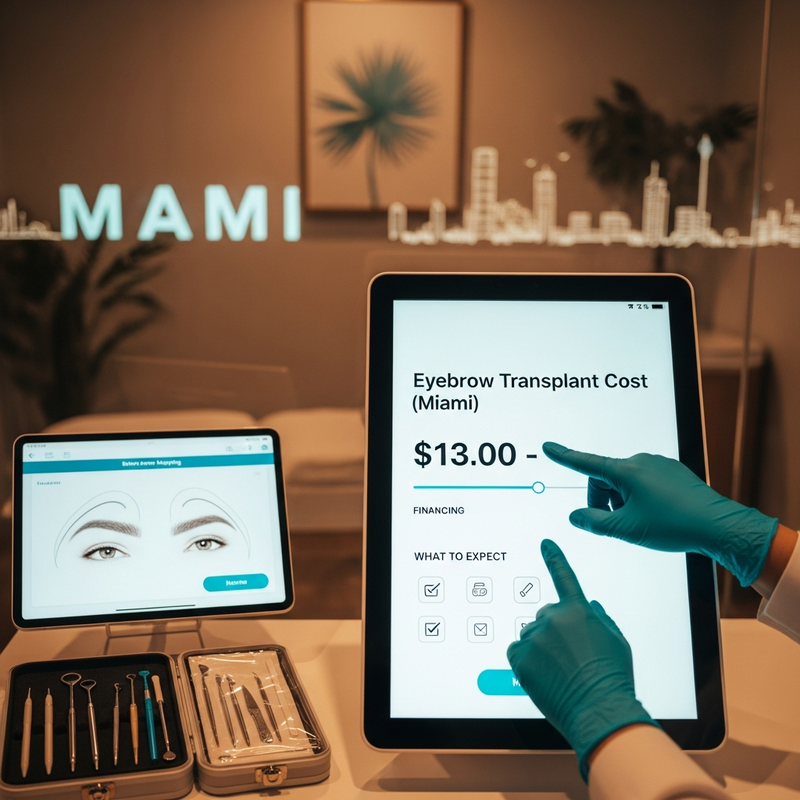Square image for eyebrow transplant cost miami showing a close-up of shaped eyebrows and clinic-style consultation notes