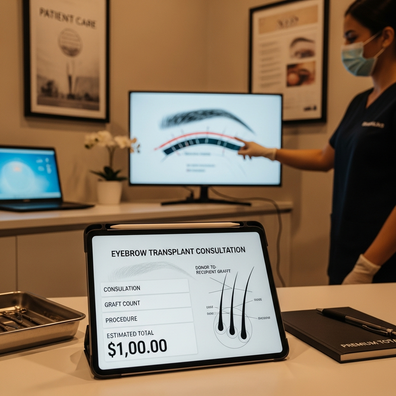 Eyebrow transplant pricing and what affects cost—close-up of eyebrows and clinic consultation setting