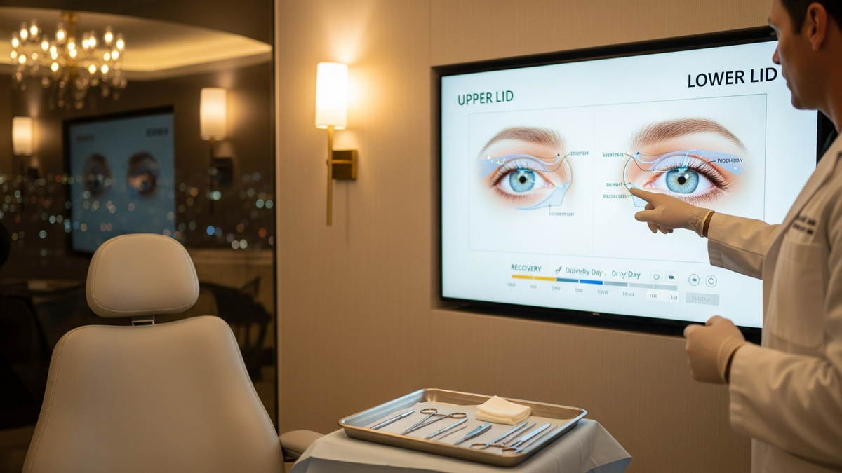 Eye surgery blepharoplasty consultation in Beverly Hills showing upper and lower eyelid rejuvenation concept for natural-looking results