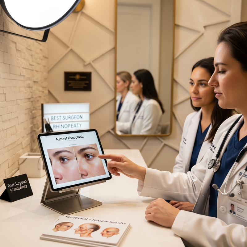 Best surgeon rhinoplasty: close-up of a facial plastic surgery consultation focused on natural rhinoplasty planning and nasal function